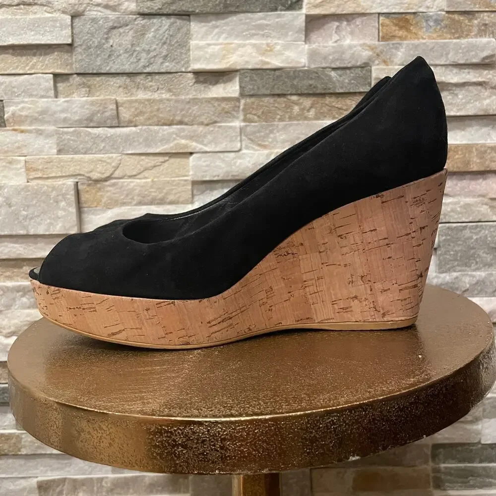 Stuart Weitzman Black Suede Cork Wedge Pumps | EU 40, US 9 ASO Kate Middleton